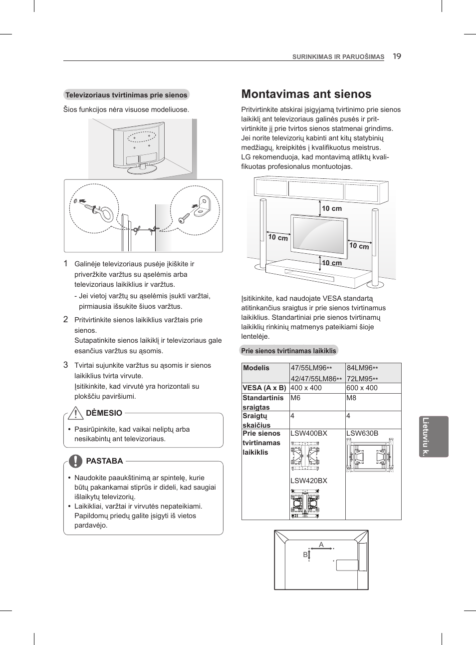 Montavimas ant sienos | LG 47LM860V User Manual | Page 253 / 521