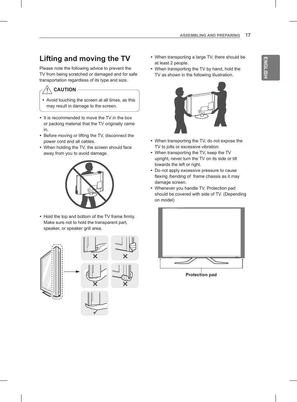 Lifting and moving the tv | LG 47LM860V User Manual | Page 27 / 521