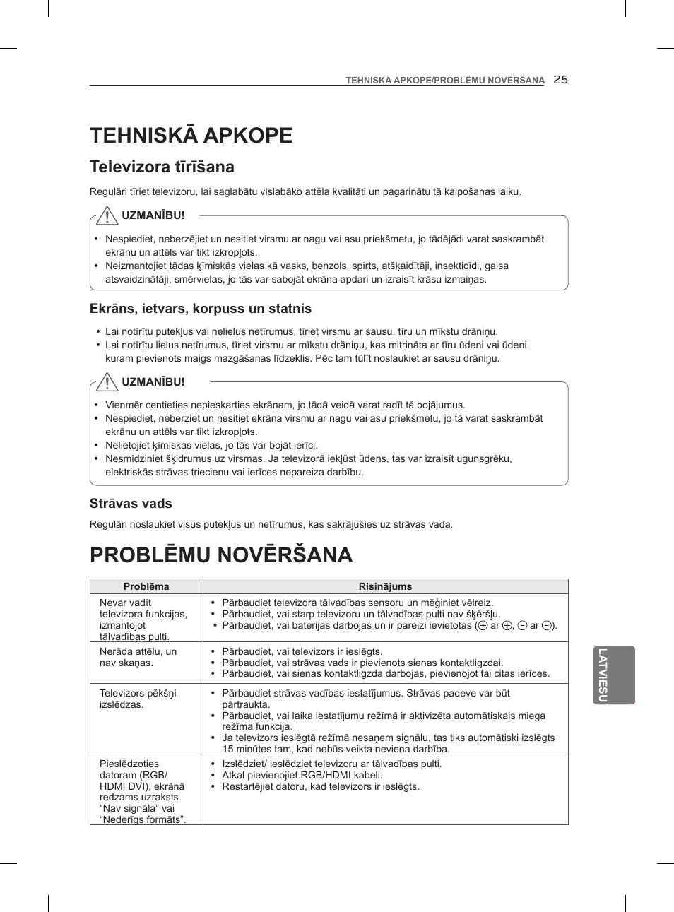 Problēmu novēršana, Tehniskā apkope, Televizora tīrīšana | LG 47LM860V User Manual | Page 287 / 521