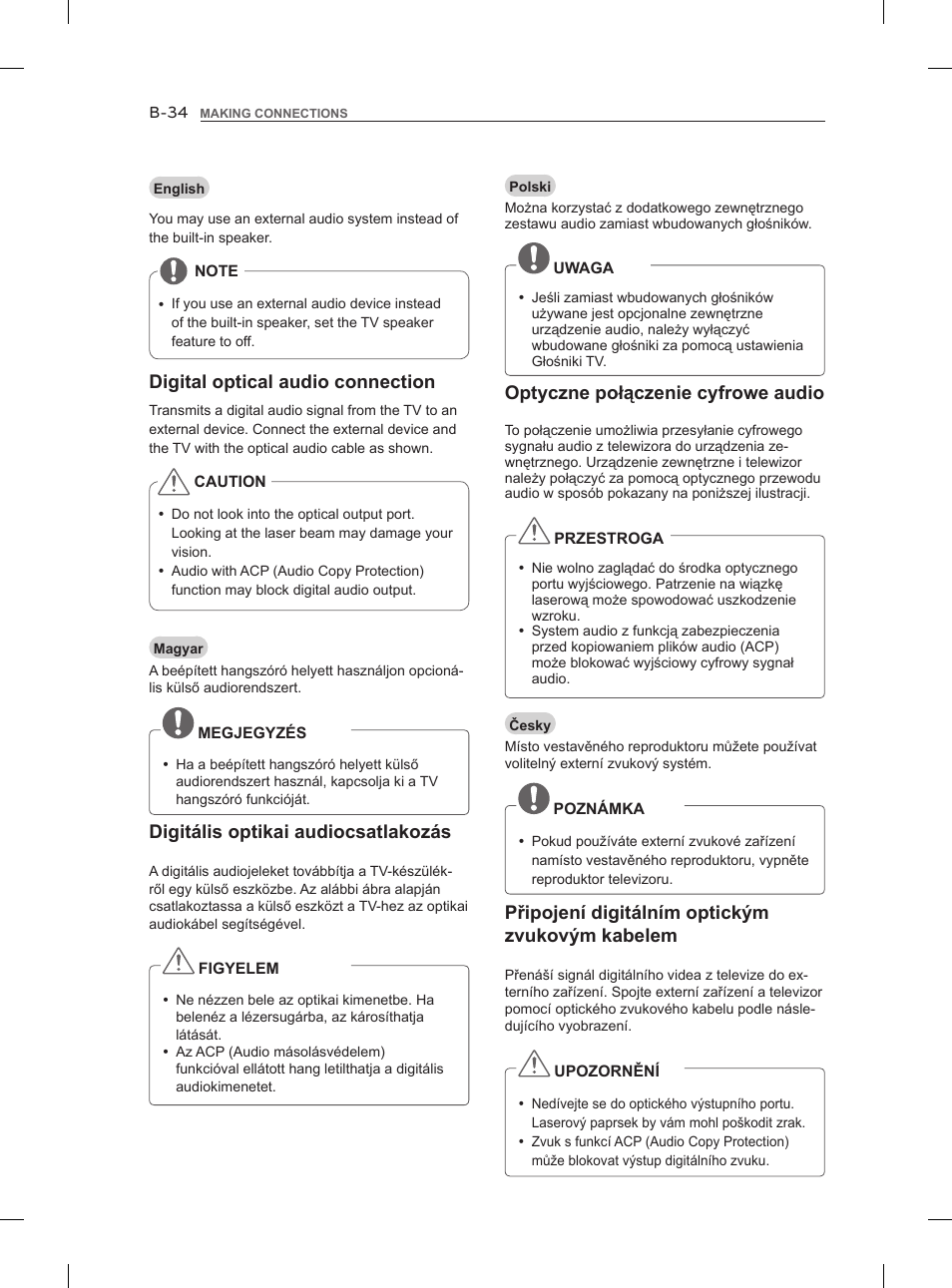 Digital optical audio connection, Optyczne połączenie cyfrowe audio, Digitális optikai audiocsatlakozás | Připojení digitálním optickým zvukovým kabelem | LG 47LM860V User Manual | Page 492 / 521