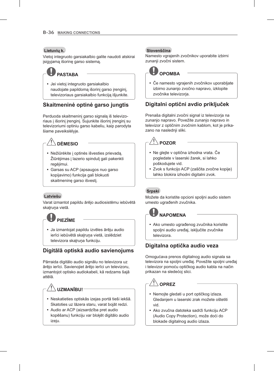 Skaitmeninė optinė garso jungtis, Digitalni optični avdio priključek, Digitālā optiskā audio savienojums | Digitalna optička audio veza | LG 47LM860V User Manual | Page 494 / 521