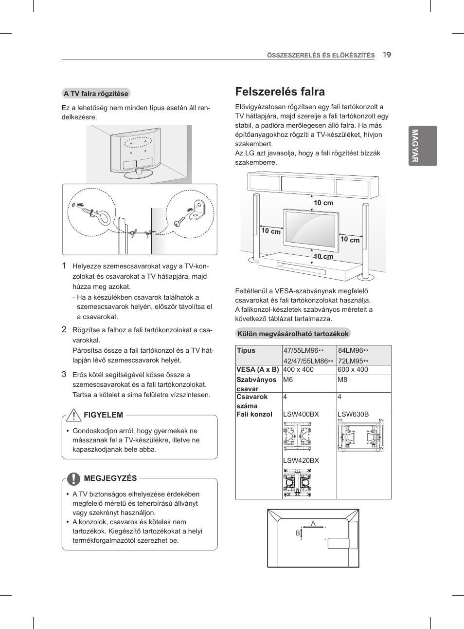 Felszerelés falra | LG 47LM860V User Manual | Page 57 / 521