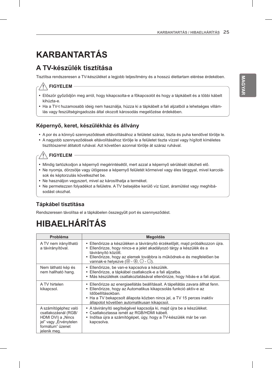 Hibaelhárítás, Karbantartás, A tv-készülék tisztítása | LG 47LM860V User Manual | Page 63 / 521