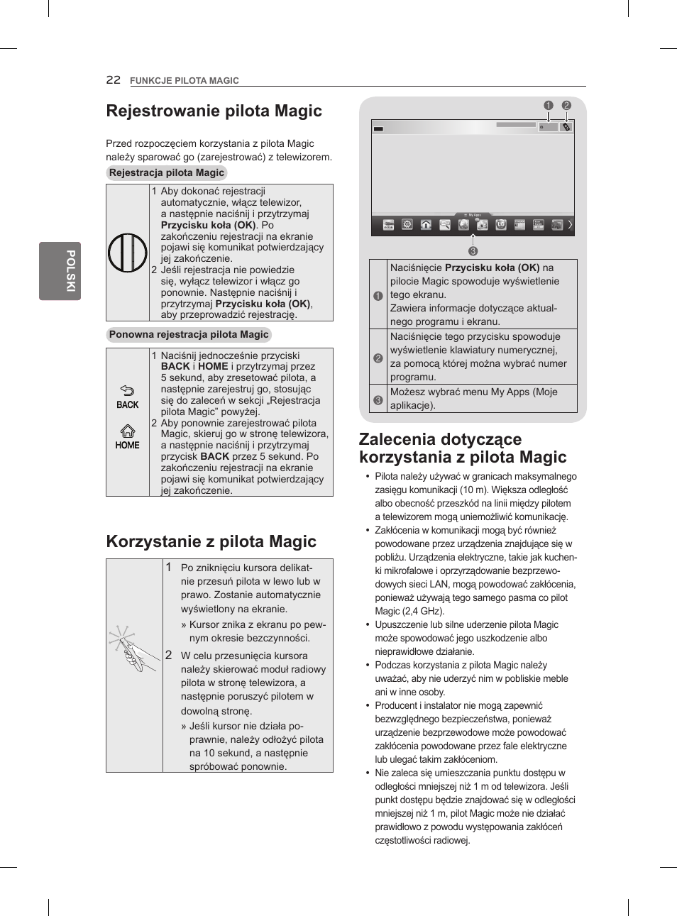 Rejestrowanie pilota magic, Zalecenia dotyczące korzystania z pilota magic, Korzystanie z pilota magic | LG 47LM860V User Manual | Page 88 / 521