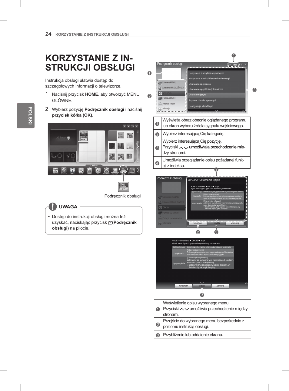 Korzystanie z in- strukcji obsługi, Polski, Uwaga | Naciśnij przycisk home , aby otworzyć menu główne, Podręcznik obsługi | LG 47LM860V User Manual | Page 90 / 521