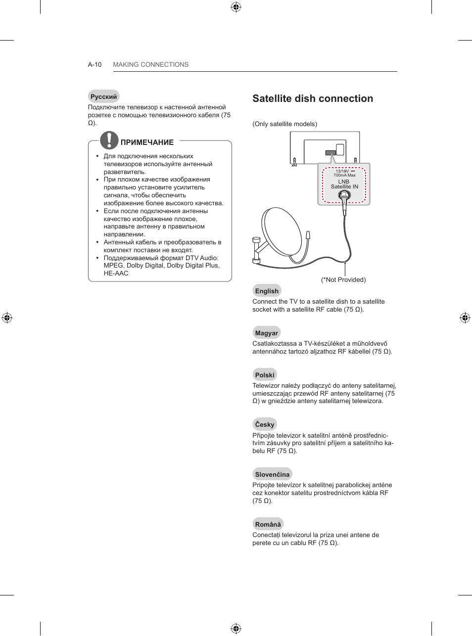 Satellite dish connection | LG 47LB570V User Manual | Page 10 / 392