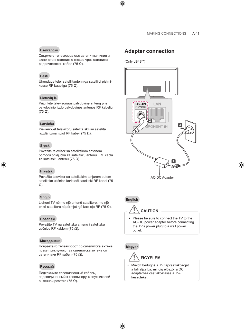 Adapter connection | LG 47LB570V User Manual | Page 11 / 392