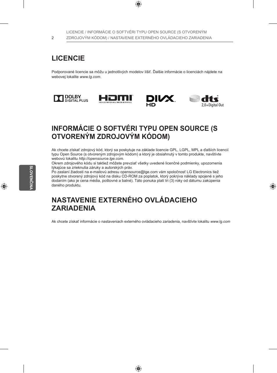 Licencie, Nastavenie externého ovládacieho zariadenia | LG 47LB570V User Manual | Page 122 / 392