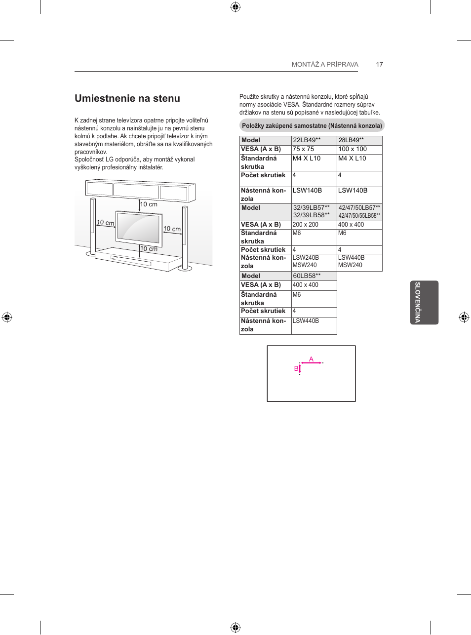 Umiestnenie na stenu | LG 47LB570V User Manual | Page 137 / 392