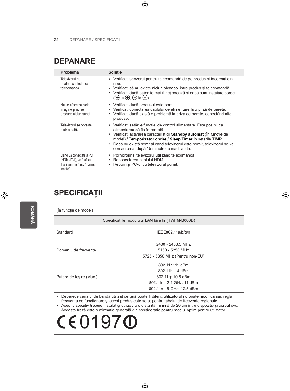 Depanare, Specificaţii | LG 47LB570V User Manual | Page 164 / 392