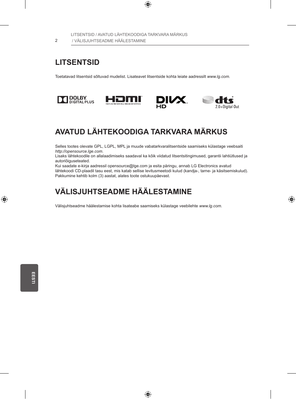 Litsentsid, Avatud lähtekoodiga tarkvara märkus, Välisjuhtseadme häälestamine | LG 47LB570V User Manual | Page 188 / 392