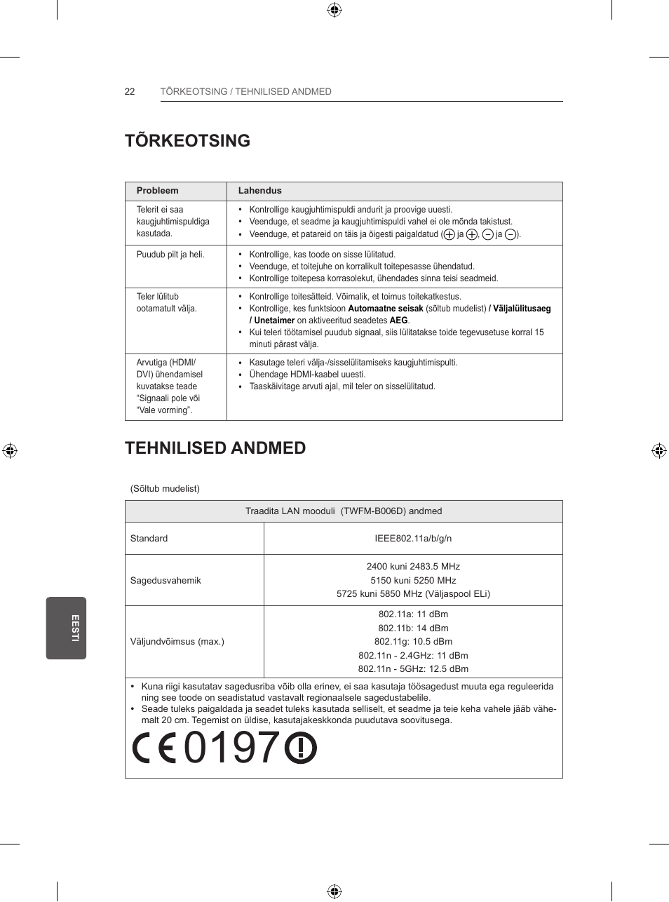 Tõrkeotsing, Tehnilised andmed | LG 47LB570V User Manual | Page 208 / 392