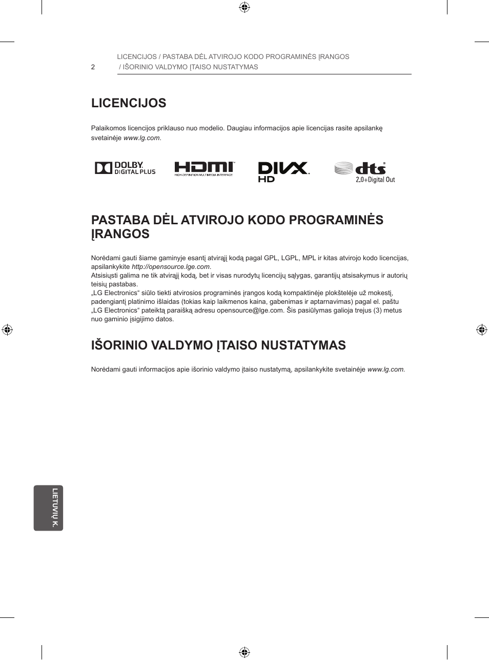 Licencijos, Pastaba dėl atvirojo kodo programinės įrangos, Išorinio valdymo įtaiso nustatymas | LG 47LB570V User Manual | Page 210 / 392