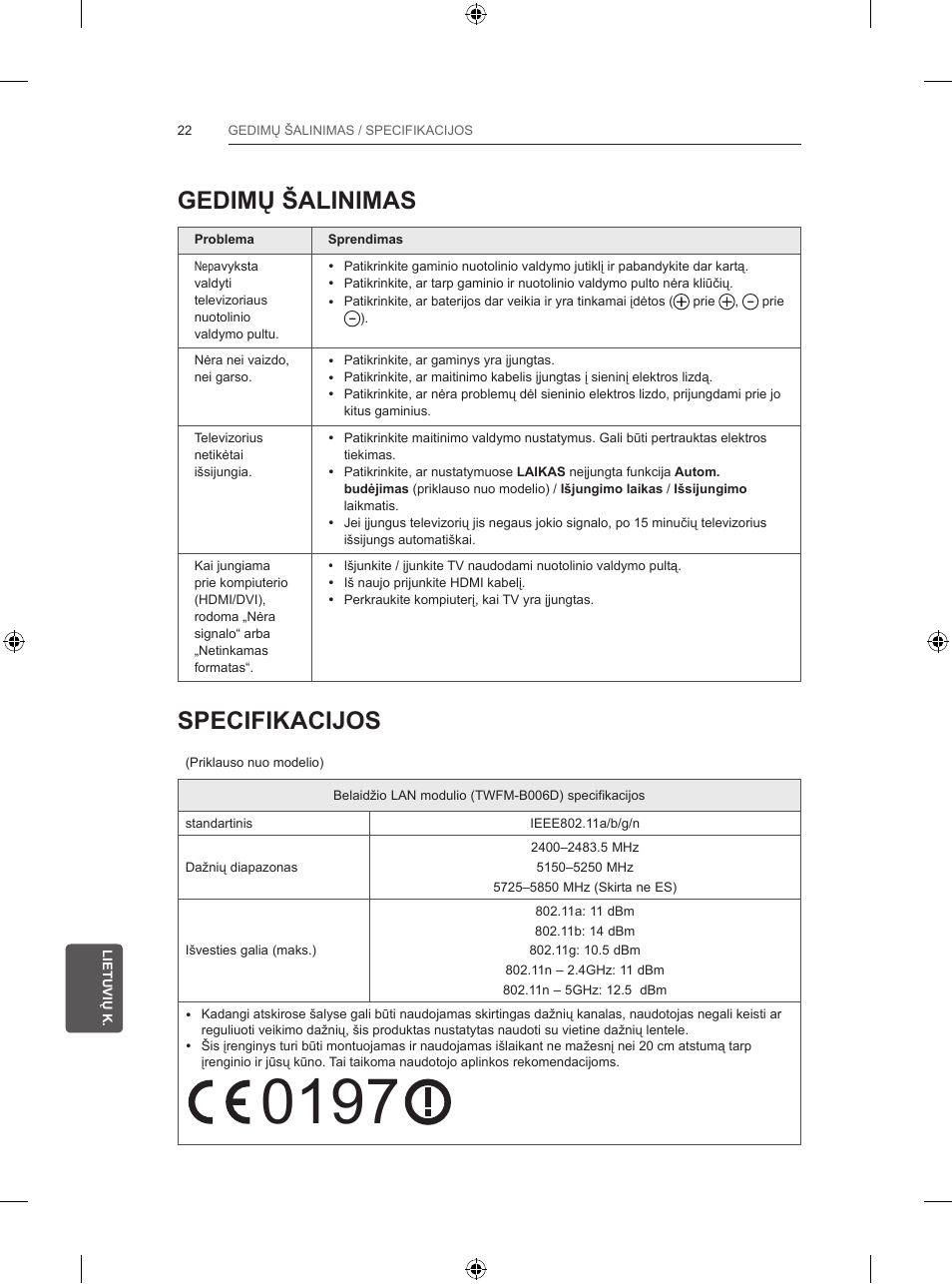 Gedimų šalinimas, Specifikacijos | LG 47LB570V User Manual | Page 230 / 392