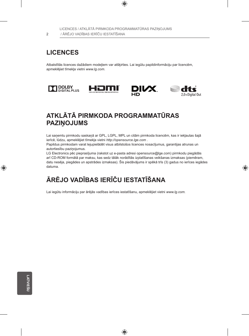 Licences, Atklātā pirmkoda programmatūras paziņojums, Ārējo vadības ierīču iestatīšana | LG 47LB570V User Manual | Page 232 / 392