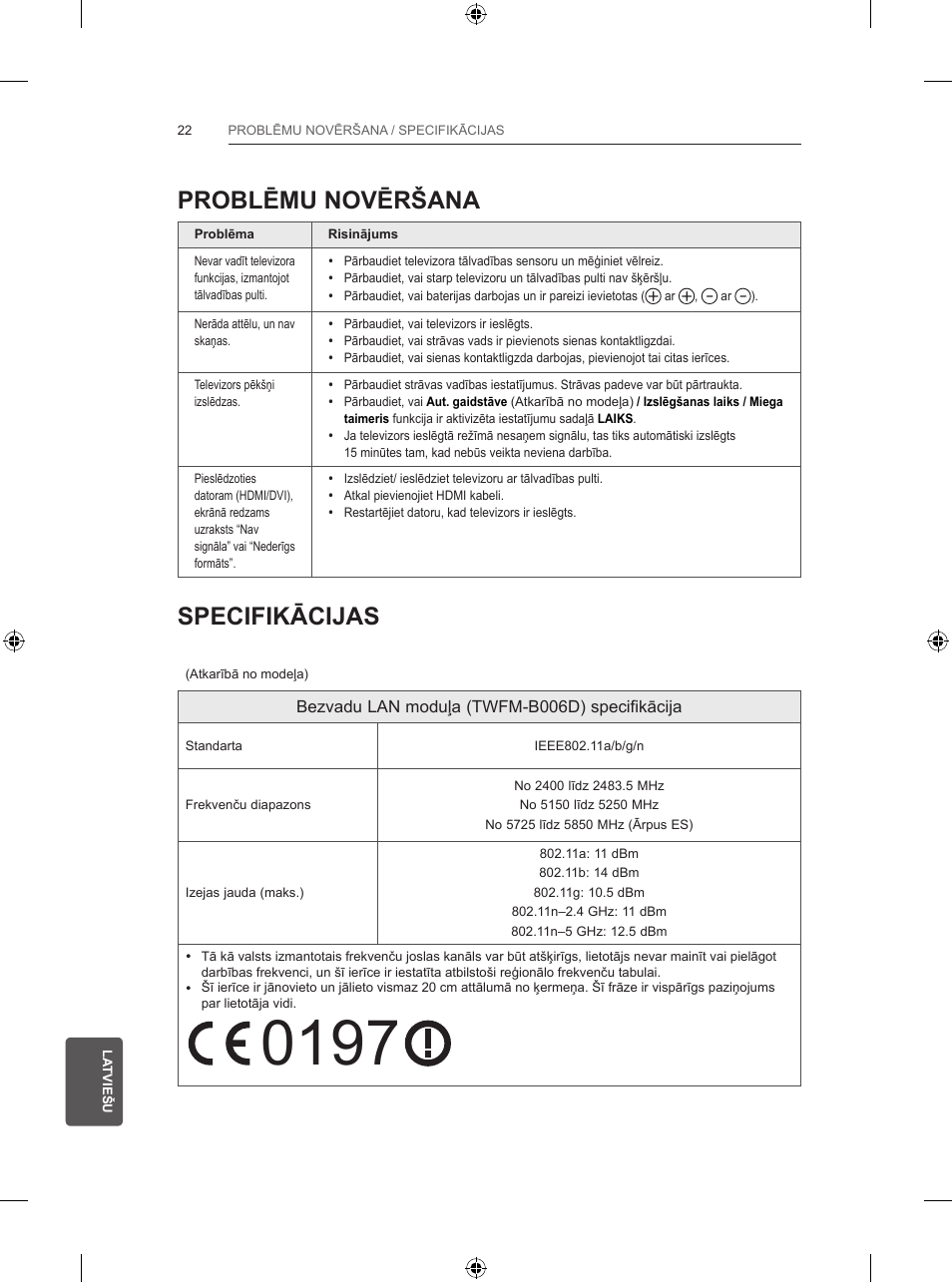 Problēmu novēršana, Specifikācijas | LG 47LB570V User Manual | Page 252 / 392