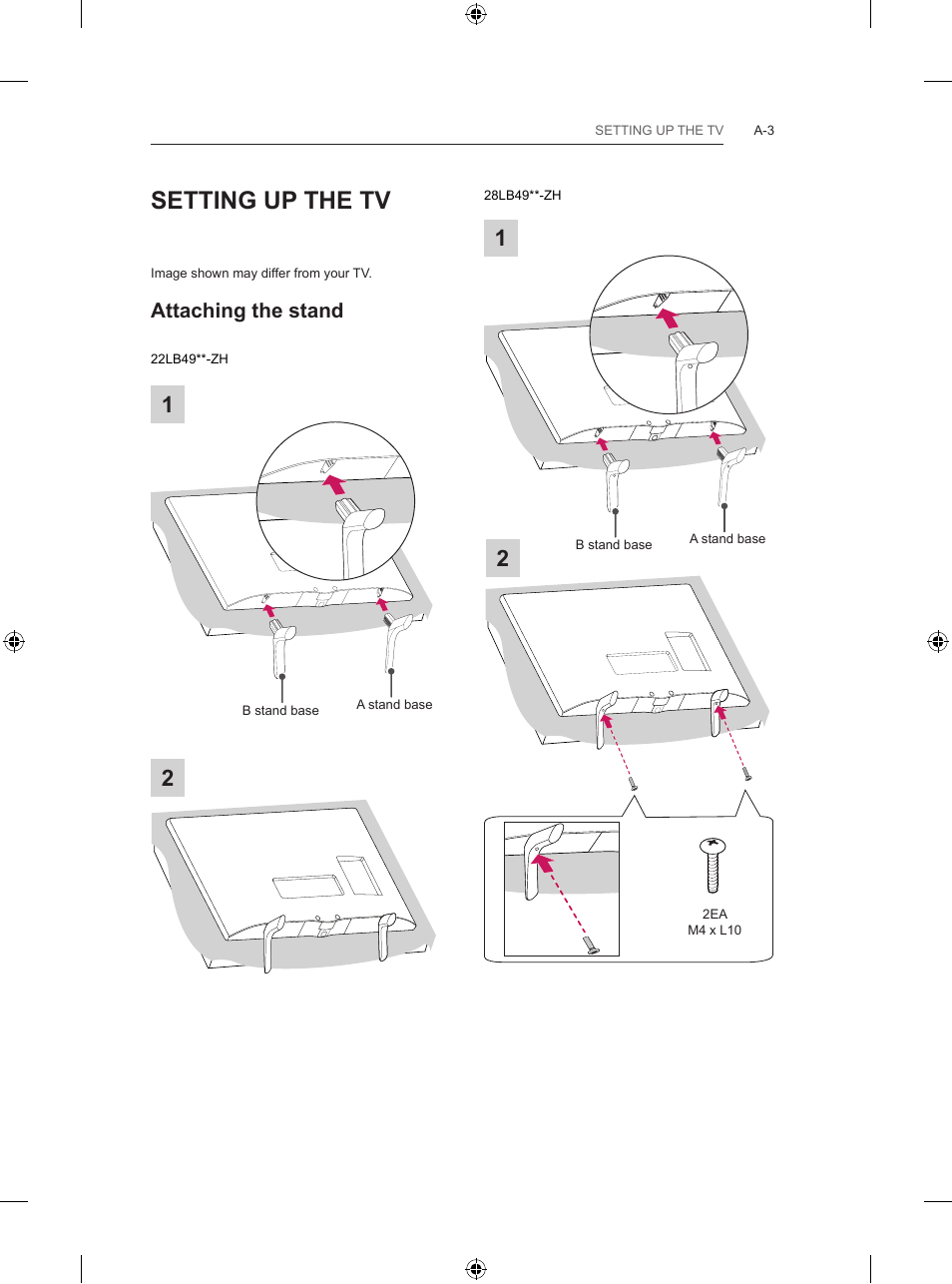 Setting up the tv, Attaching the stand | LG 47LB570V User Manual | Page 3 / 392