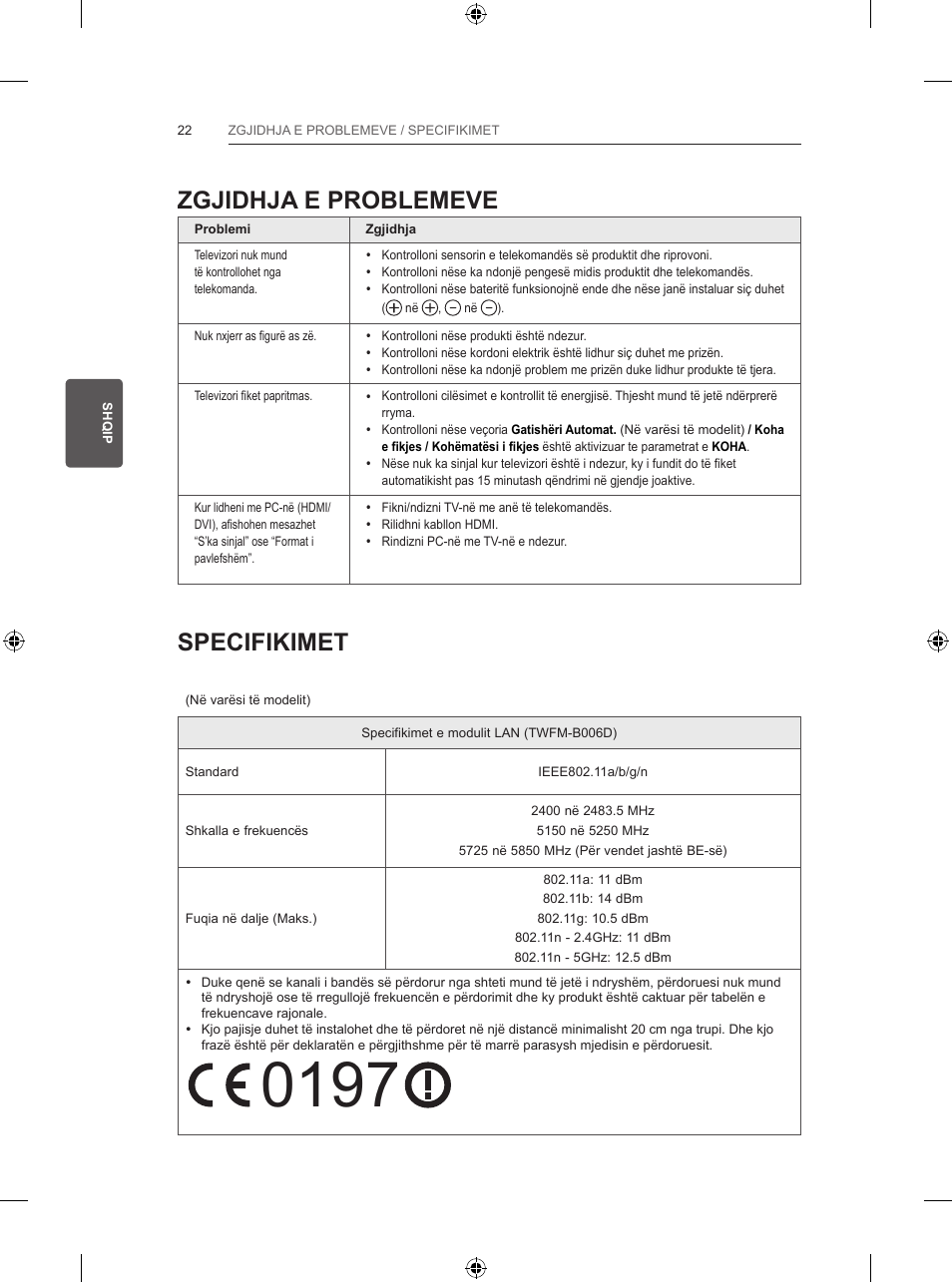 Zgjidhja e problemeve, Specifikimet | LG 47LB570V User Manual | Page 318 / 392