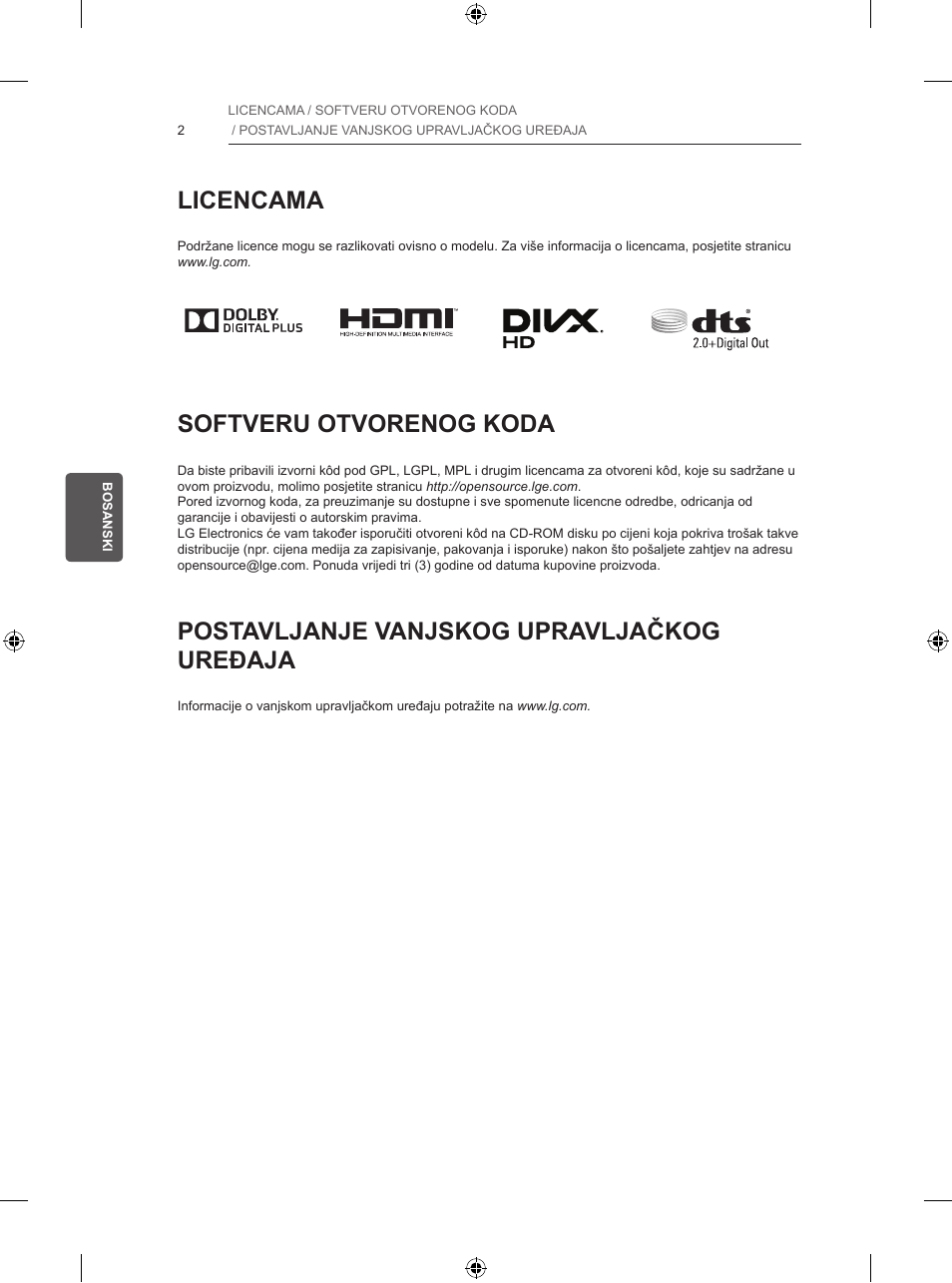 Licencama, Softveru otvorenog koda, Postavljanje vanjskog upravljačkog uređaja | LG 47LB570V User Manual | Page 320 / 392