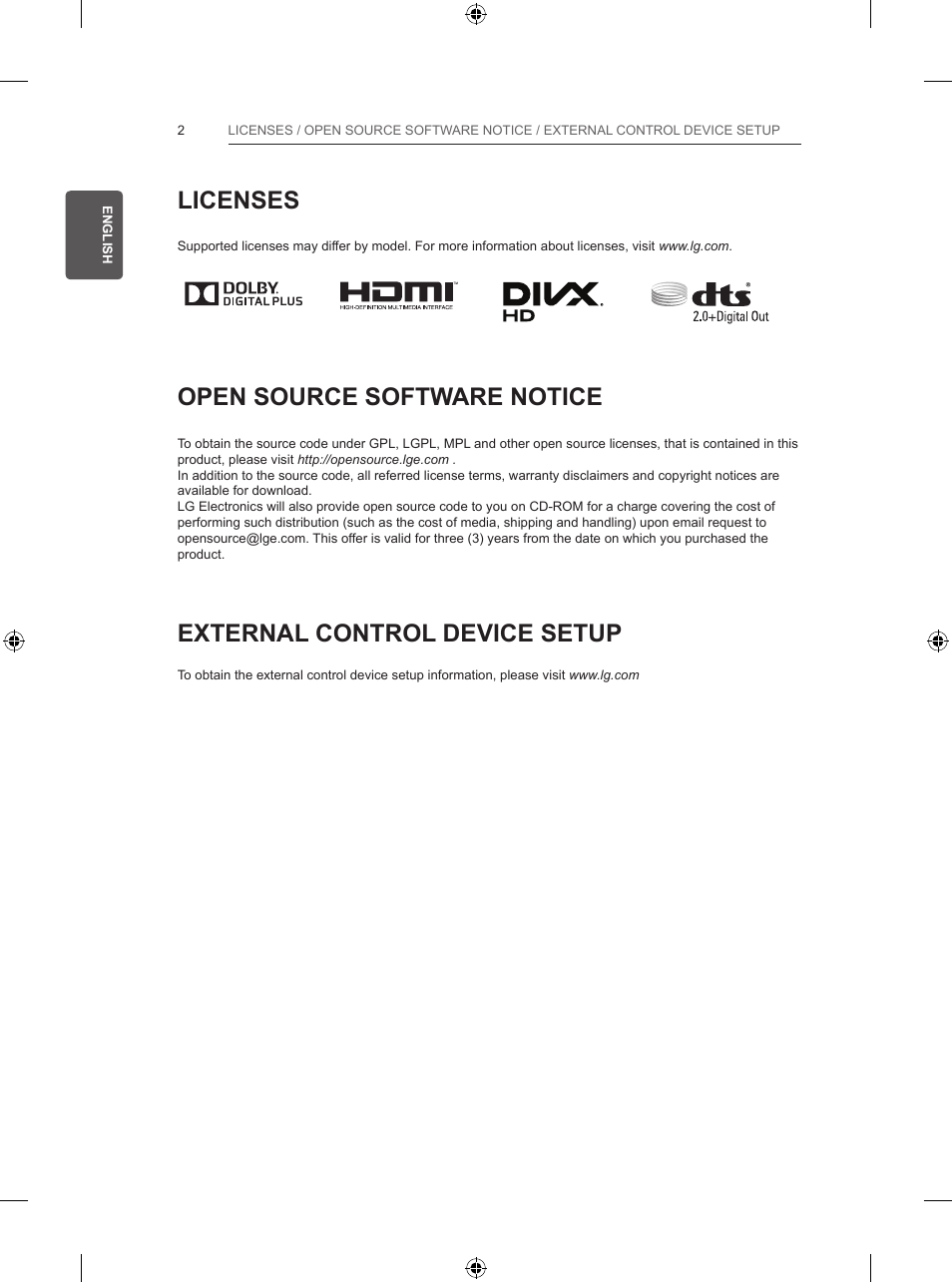 Licenses, Open source software notice, External control device setup | LG 47LB570V User Manual | Page 34 / 392