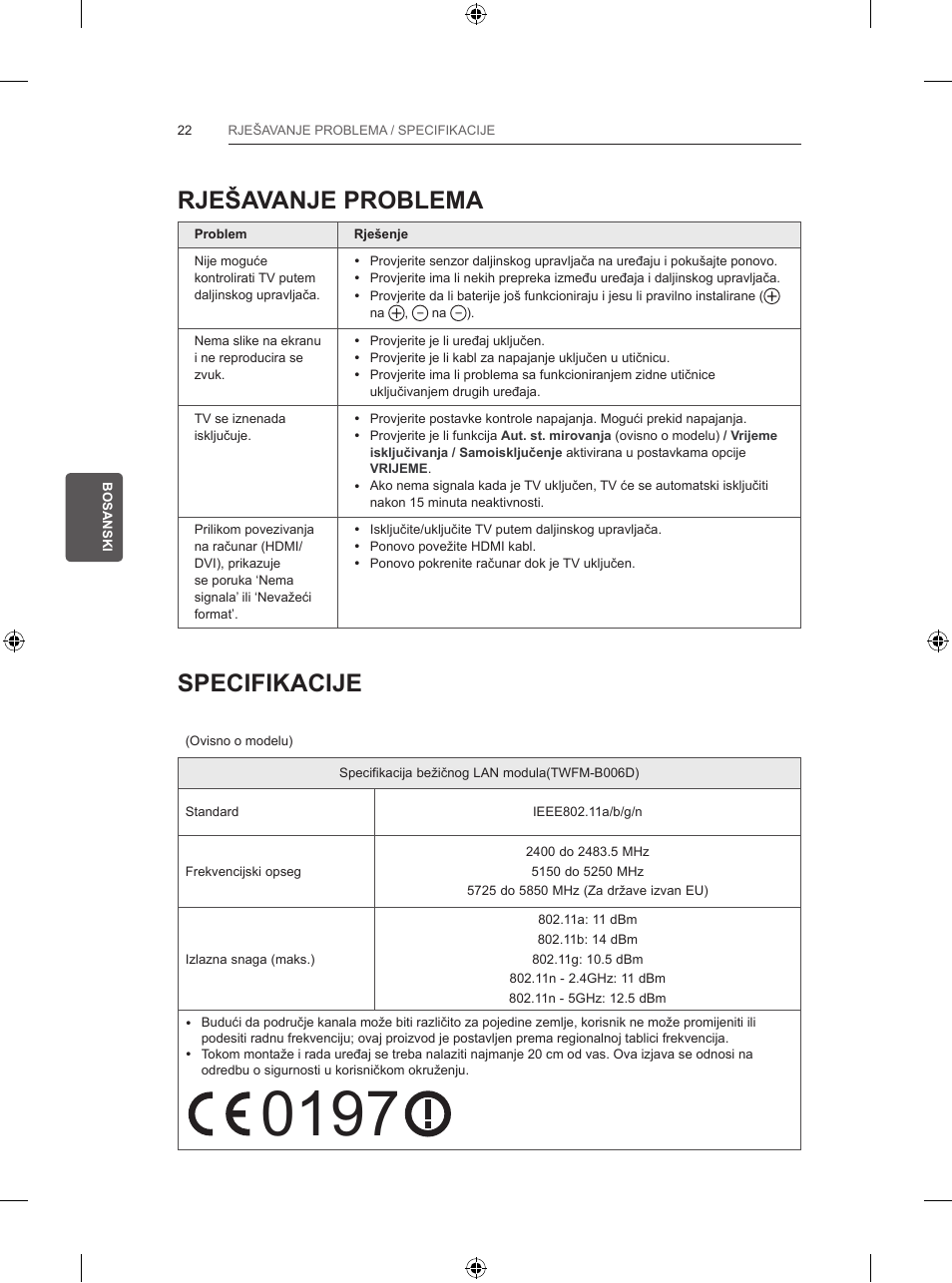 Rješavanje problema, Specifikacije | LG 47LB570V User Manual | Page 340 / 392