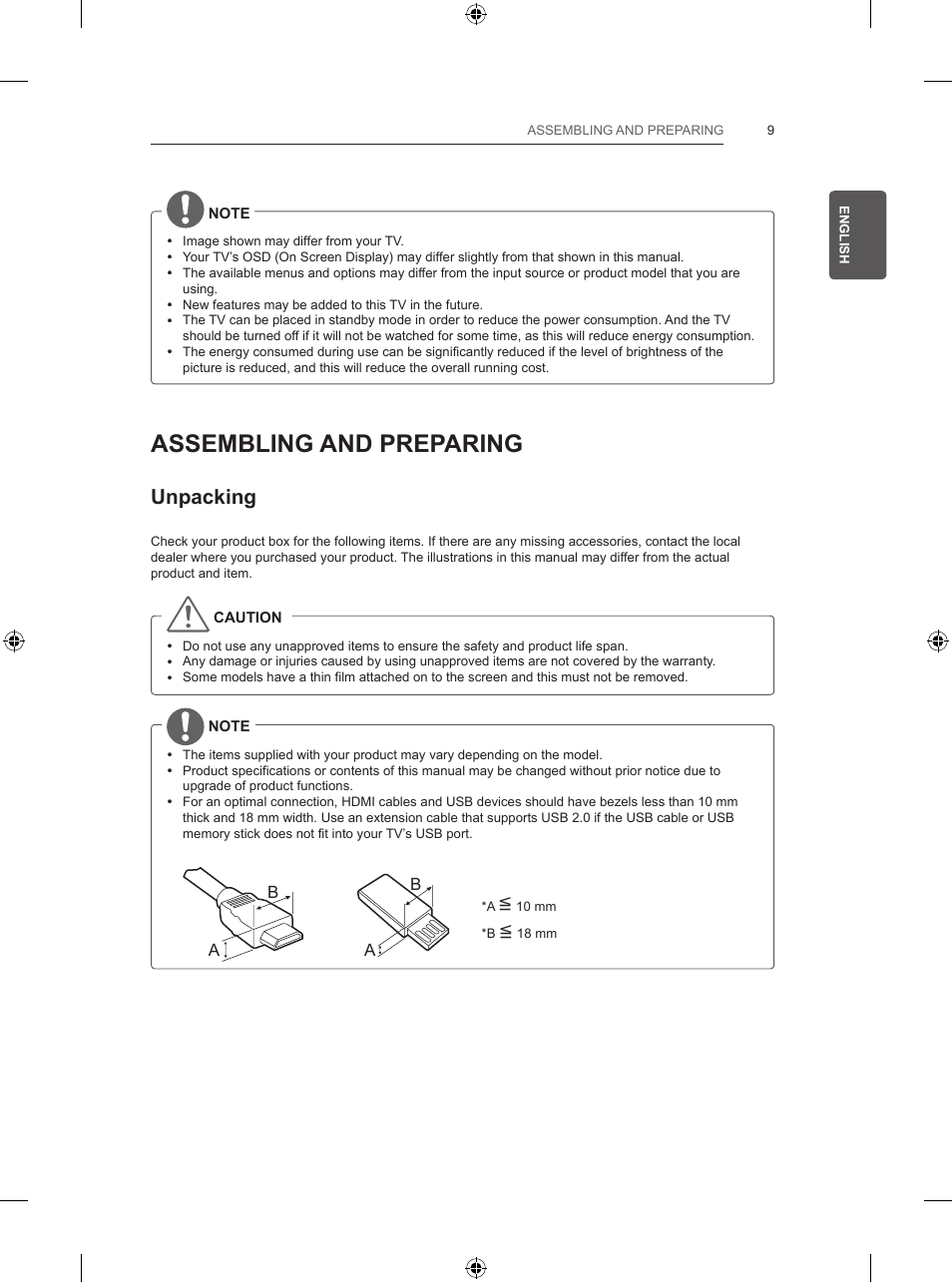 Assembling and preparing, Unpacking | LG 47LB570V User Manual | Page 41 / 392