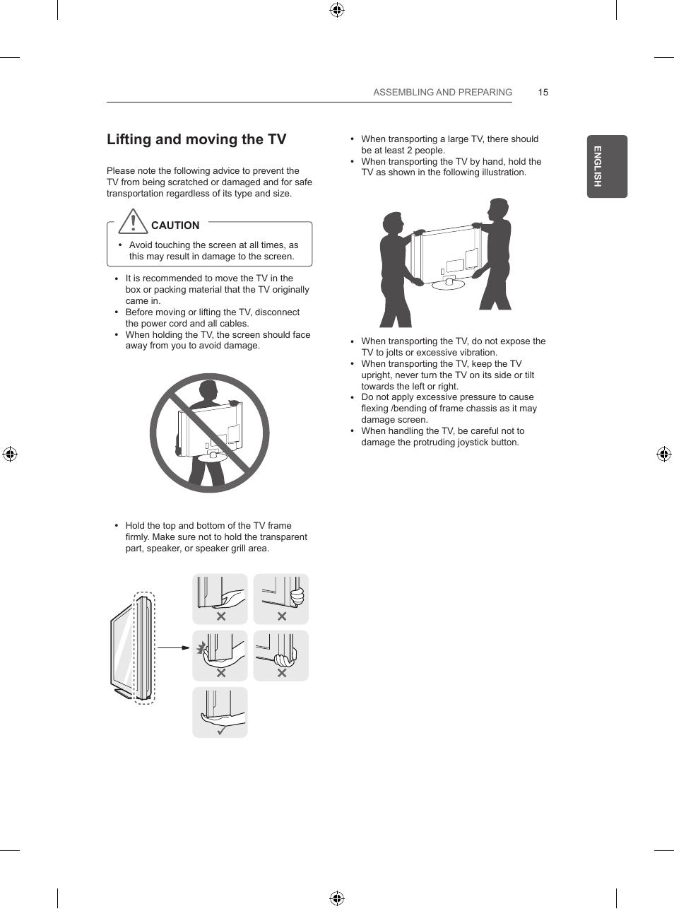 Lifting and moving the tv | LG 47LB570V User Manual | Page 47 / 392