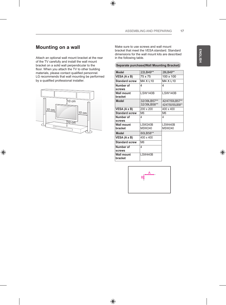 Mounting on a wall | LG 47LB570V User Manual | Page 49 / 392