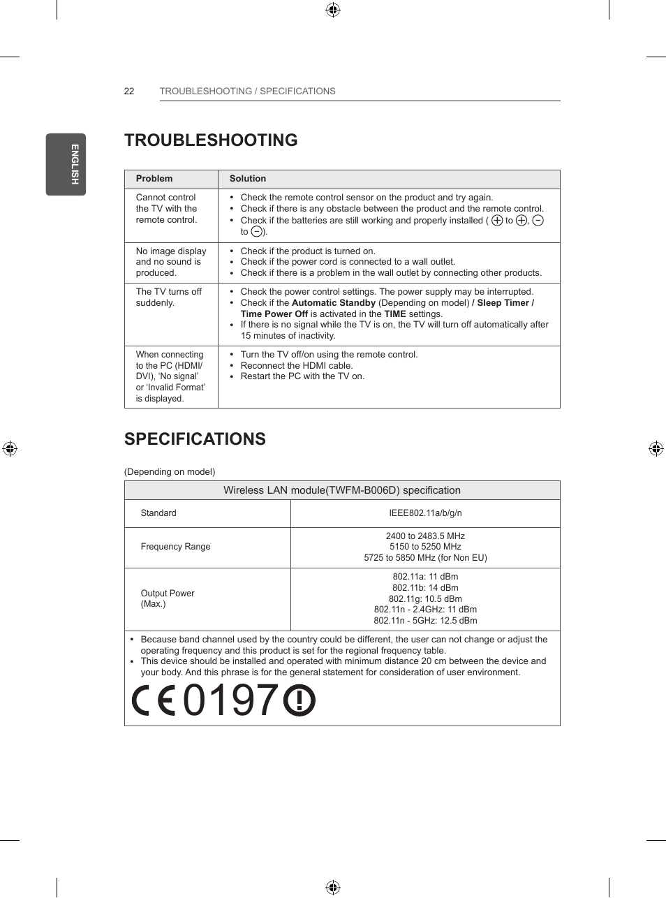 Troubleshooting, Specifications | LG 47LB570V User Manual | Page 54 / 392