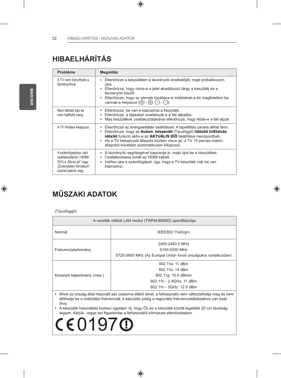 Hibaelhárítás, Műszaki adatok | LG 47LB570V User Manual | Page 76 / 392