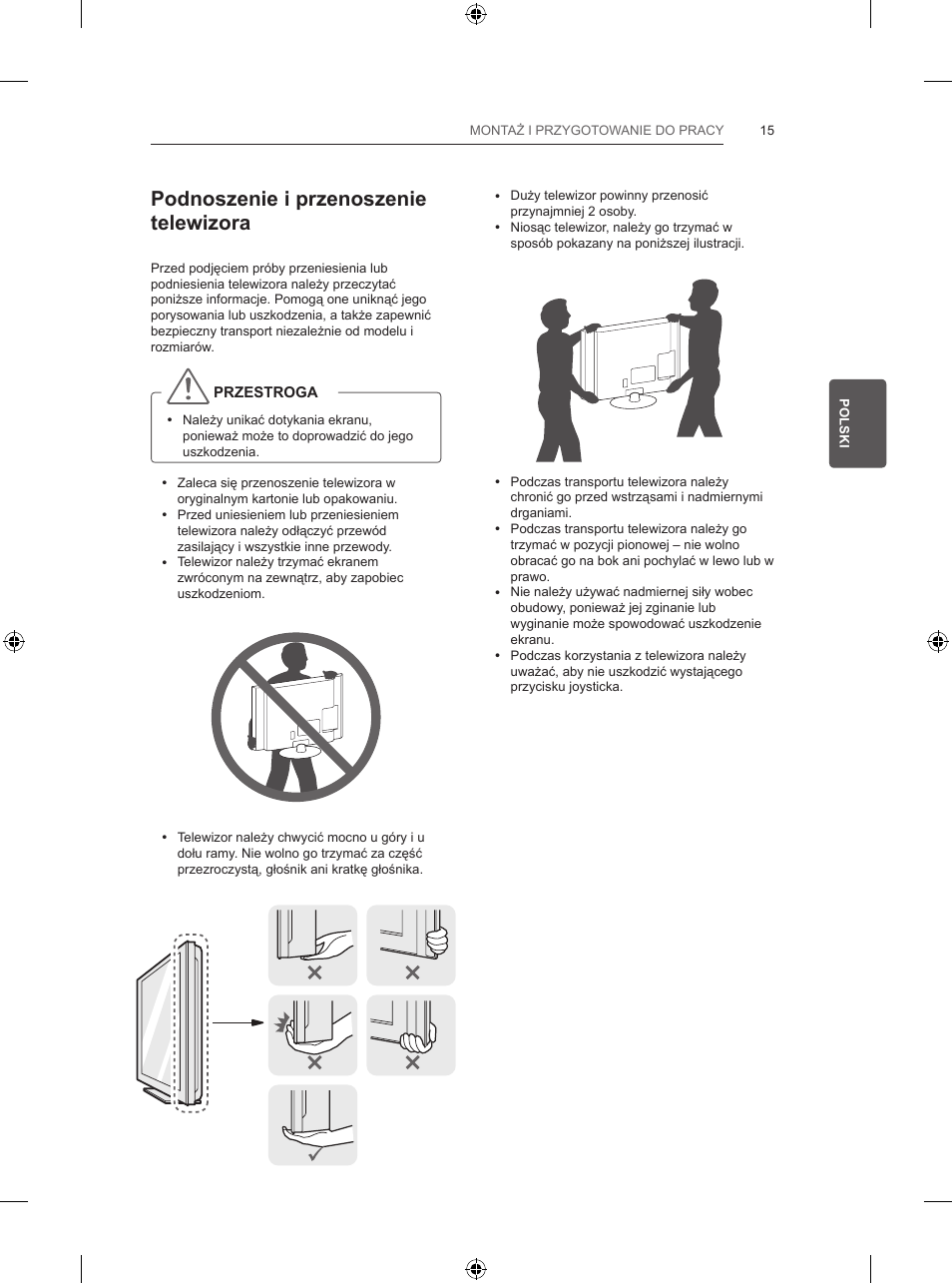 Podnoszenie i przenoszenie telewizora | LG 47LB570V User Manual | Page 91 / 392