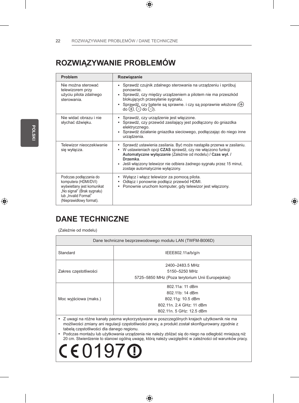 Rozwiązywanie problemów, Dane techniczne | LG 47LB570V User Manual | Page 98 / 392