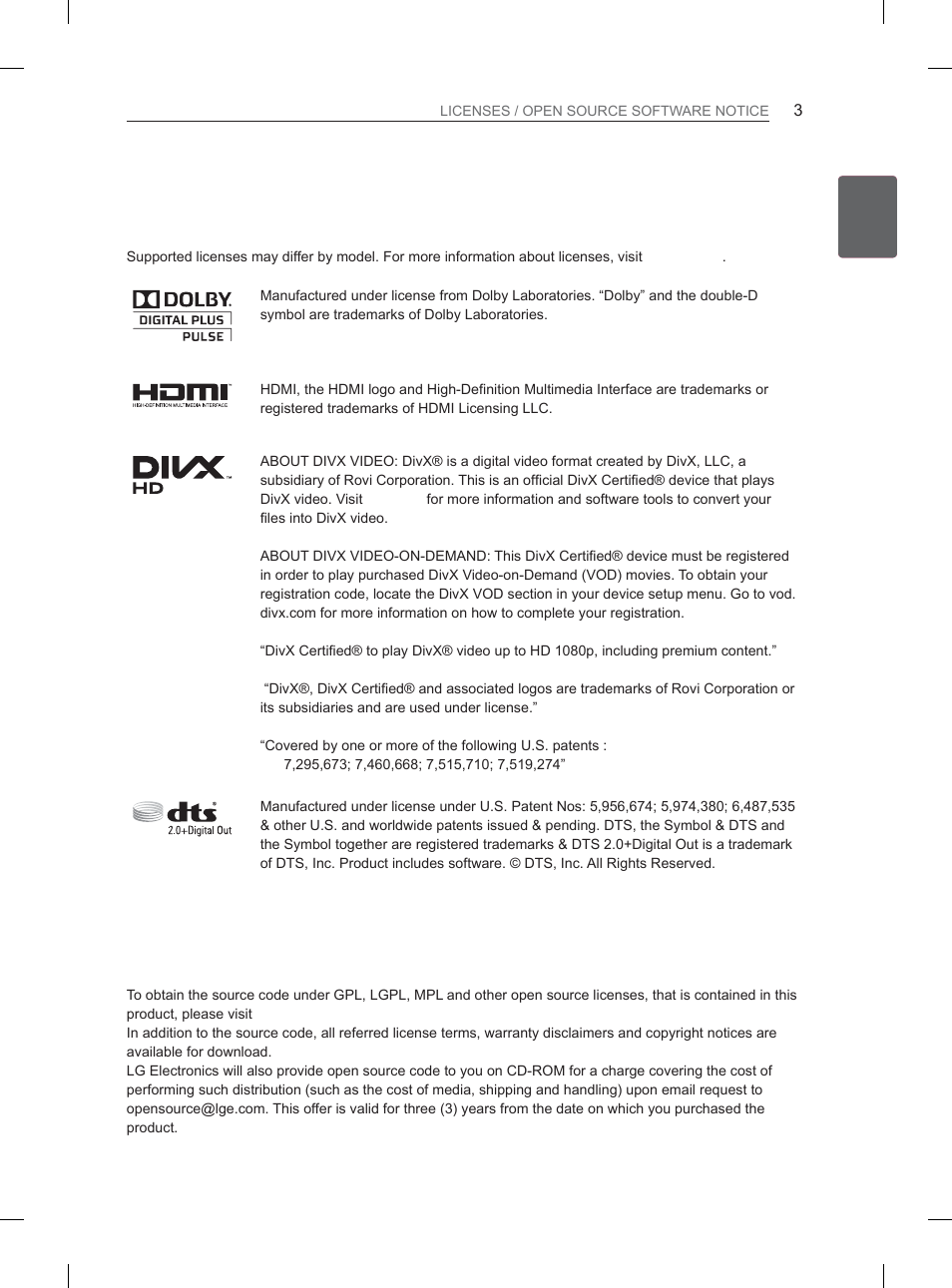 Licenses, Open source software notice | LG 37LS570S User Manual | Page 14 / 519