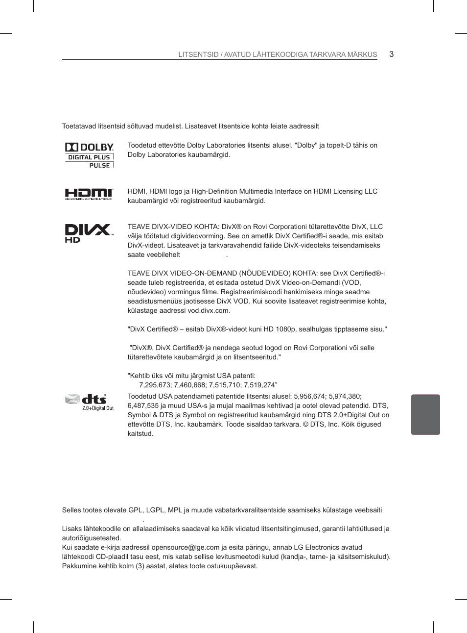 Litsentsid, Avatud lähtekoodiga tarkvara märkus | LG 37LS570S User Manual | Page 210 / 519