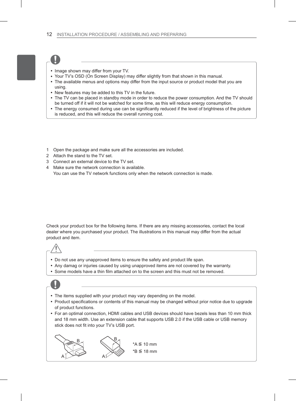 Installation procedure, Assembling and preparing, Unpacking | Caution | LG 37LS570S User Manual | Page 23 / 519