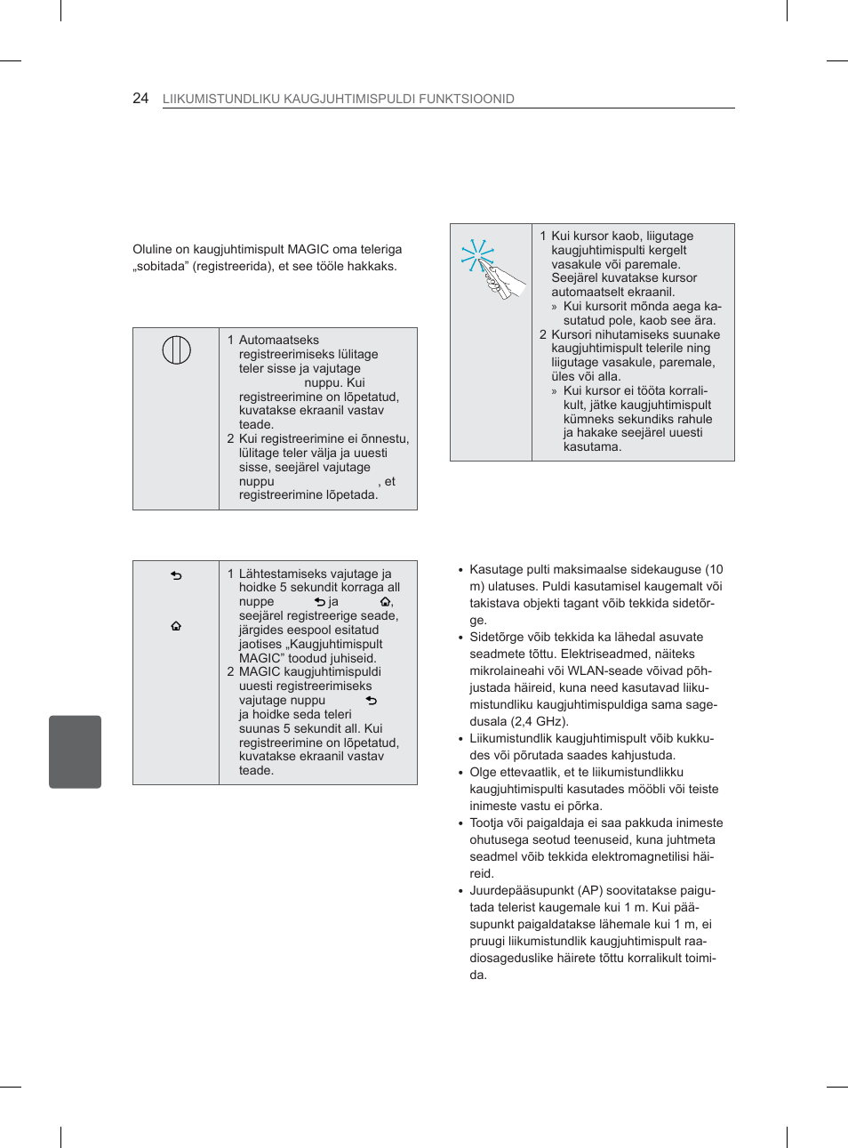 Liikumistundliku kaugjuhtimispuldi registreerimine, Liikumistundliku kaugjuhtimispuldi kasutamine | LG 37LS570S User Manual | Page 231 / 519