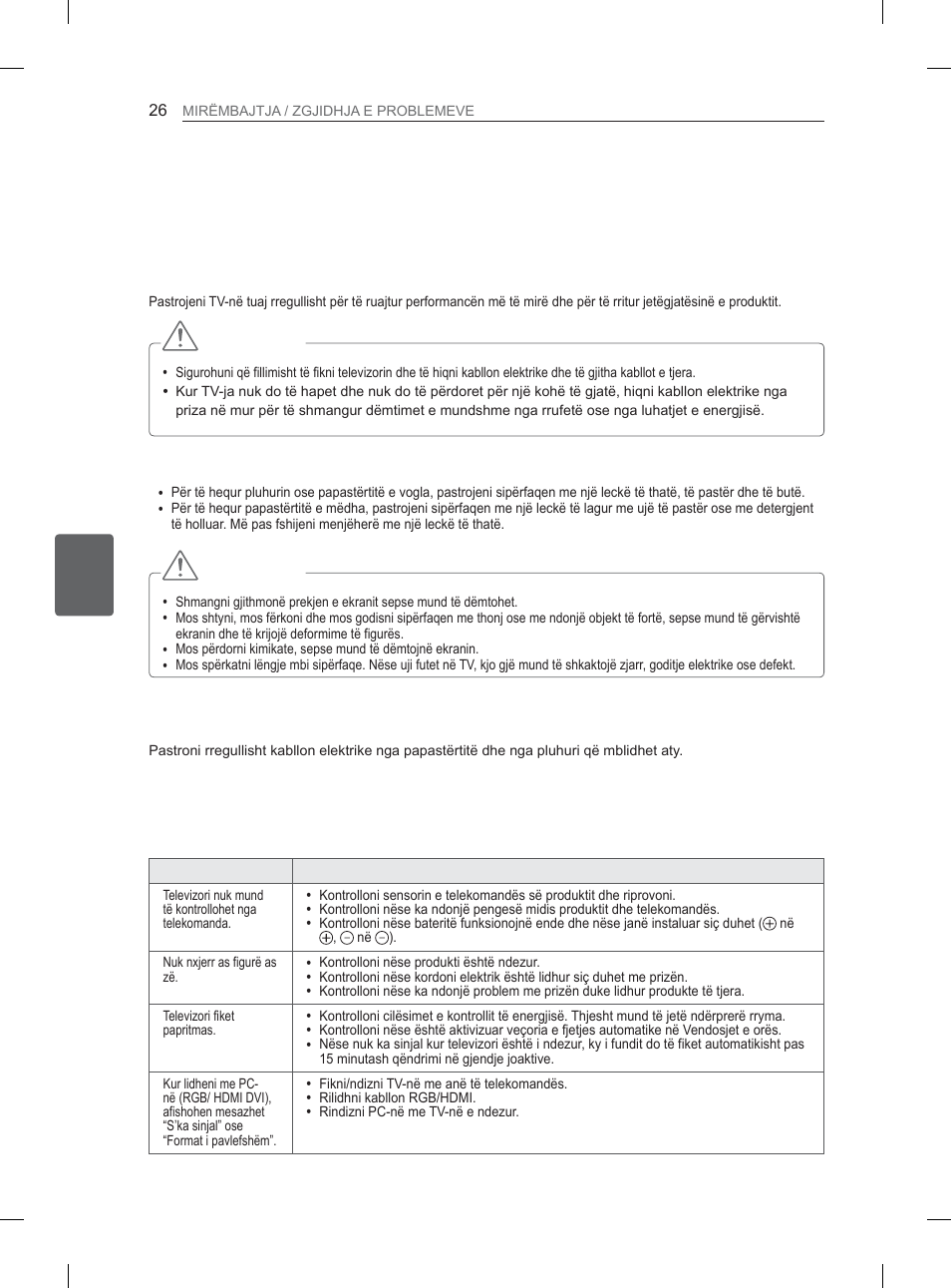 Mirëmbajtja, Zgjidhja e problemeve, Pastrimi i tv-së | Kujdes, Ekrani, kuadroja, mobilja e tv-së dhe mbështetësja, Kordoni elektrik | LG 37LS570S User Manual | Page 401 / 519