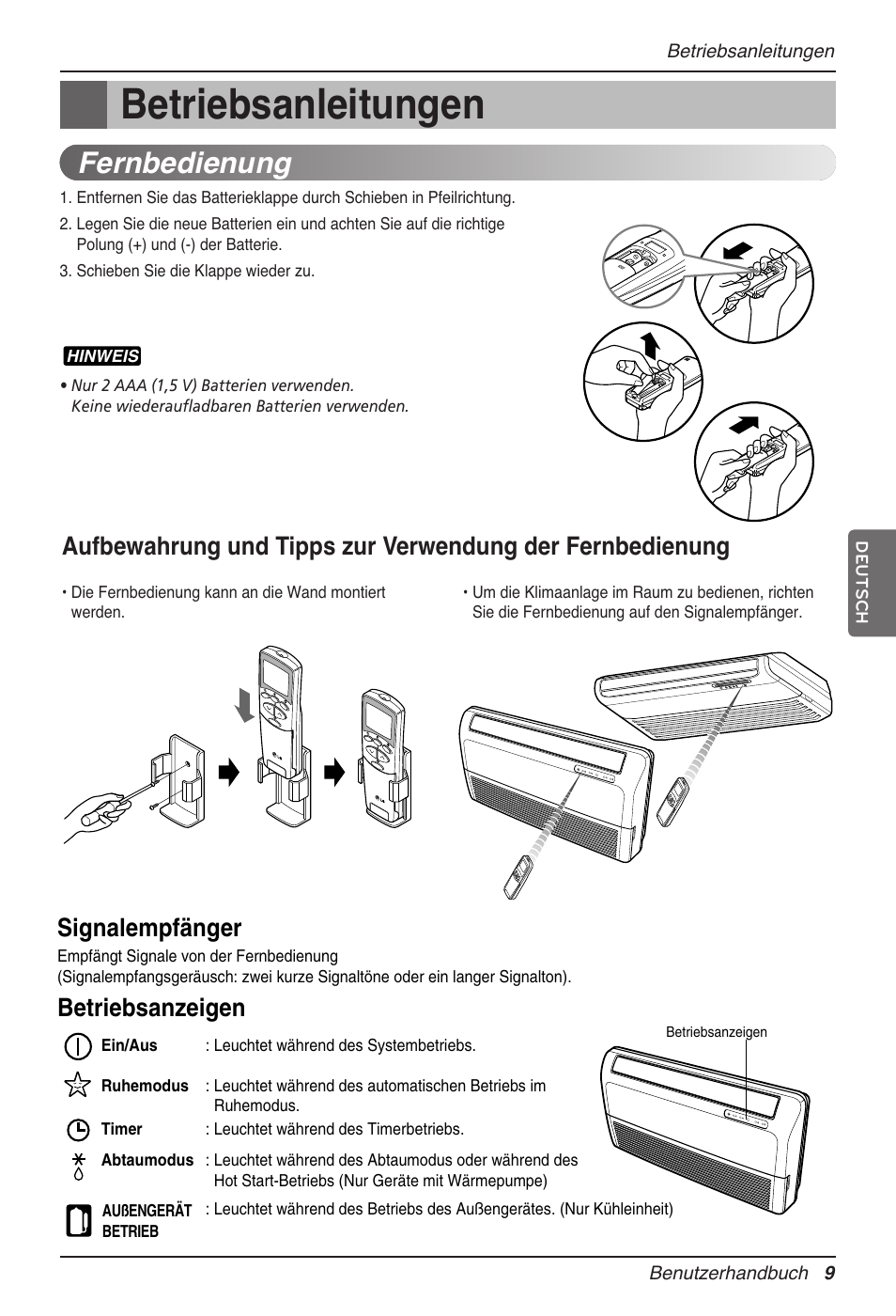 Betriebsanleitungen, Fernbedienung, Signalempfänger | Betriebsanzeigen | LG MV12AH User Manual | Page 109 / 413