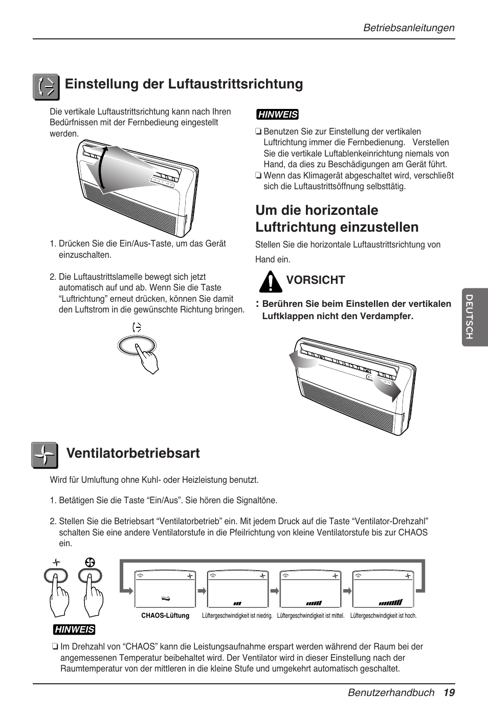 Ventilatorbetriebsart, Um die horizontale luftrichtung einzustellen, Einstellung der luftaustrittsrichtung | Vorsicht | LG MV12AH User Manual | Page 119 / 413