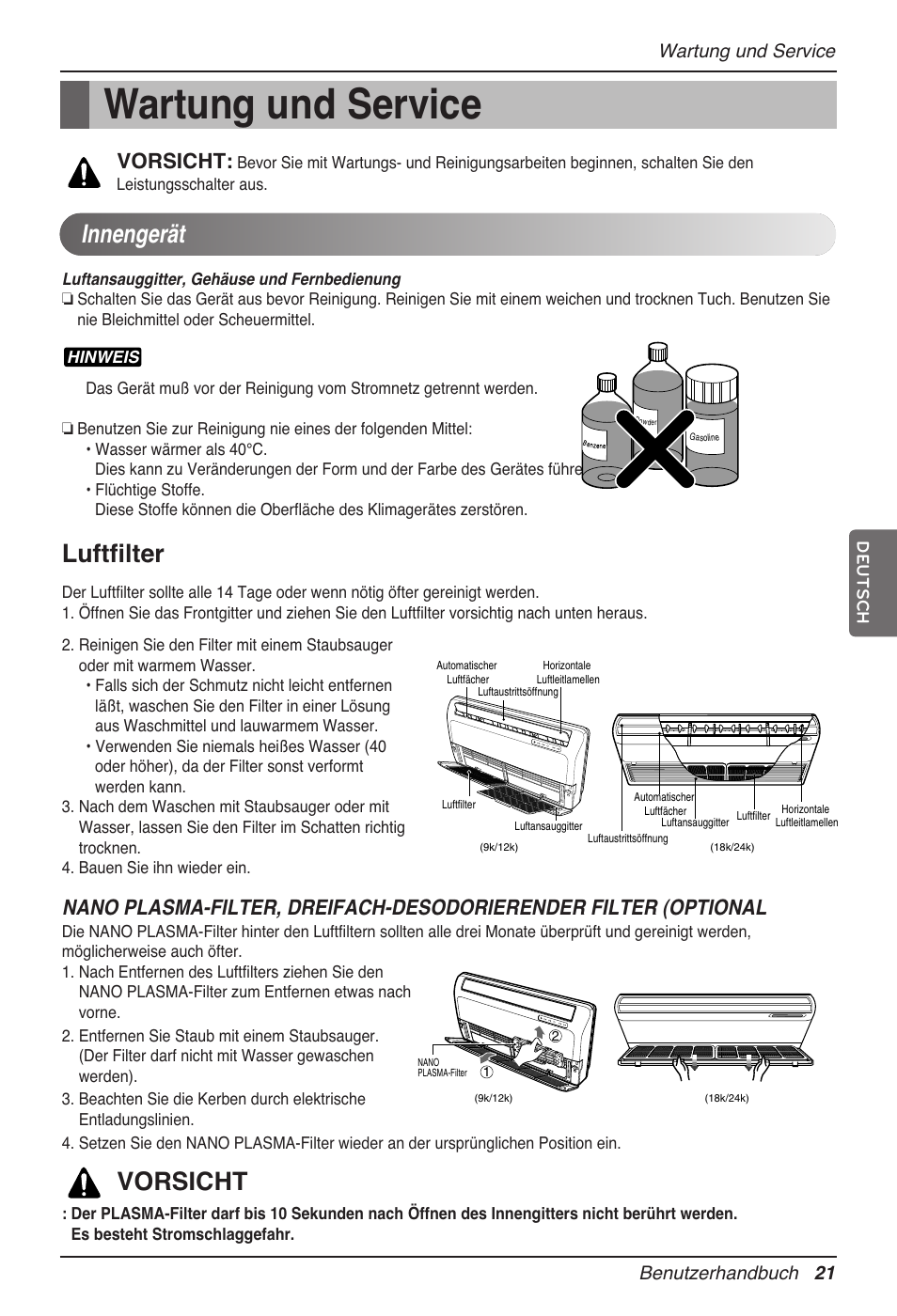 Wartung und service, Innengerät, Luftfilter | Vorsicht, Wartung und service benutzerhandbuch 21 | LG MV12AH User Manual | Page 121 / 413