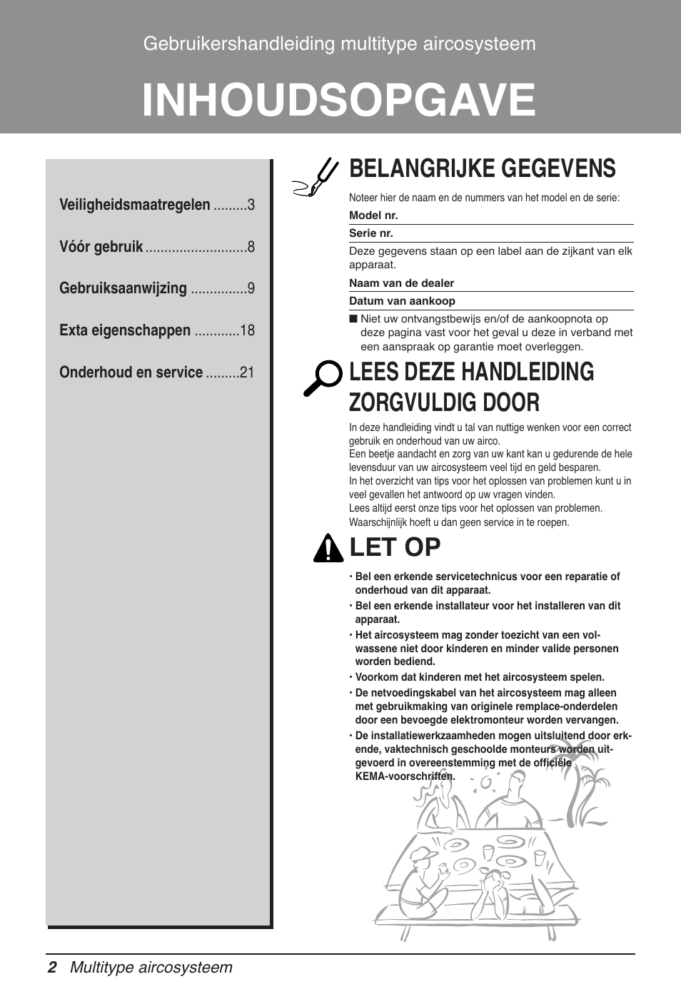 Inhoudsopgave, Belangrijke gegevens, Lees deze handleiding zorgvuldig door | Let op, Gebruikershandleiding multitype aircosysteem | LG MV12AH User Manual | Page 126 / 413
