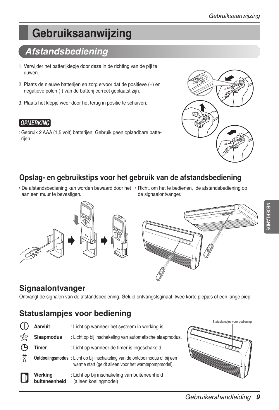 Gebruiksaanwijzing, Afstandsbediening, Statuslampjes voor bediening | Opmerking | LG MV12AH User Manual | Page 133 / 413