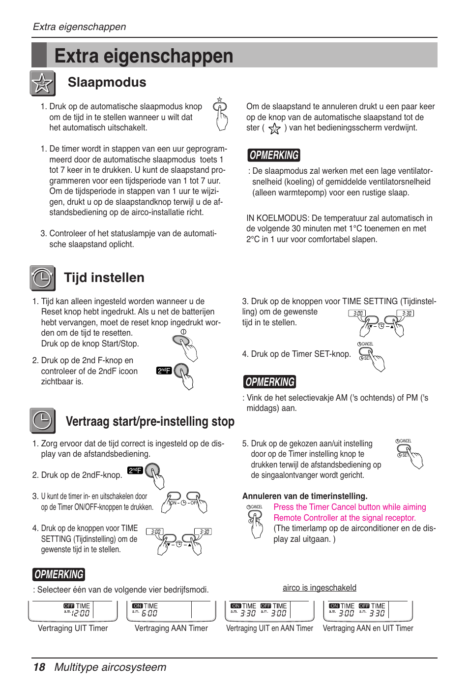 Extra eigenschappen, Slaapmodus, Tijd instellen vertraag start/pre-instelling stop | Opmerking, 18 multitype aircosysteem | LG MV12AH User Manual | Page 142 / 413
