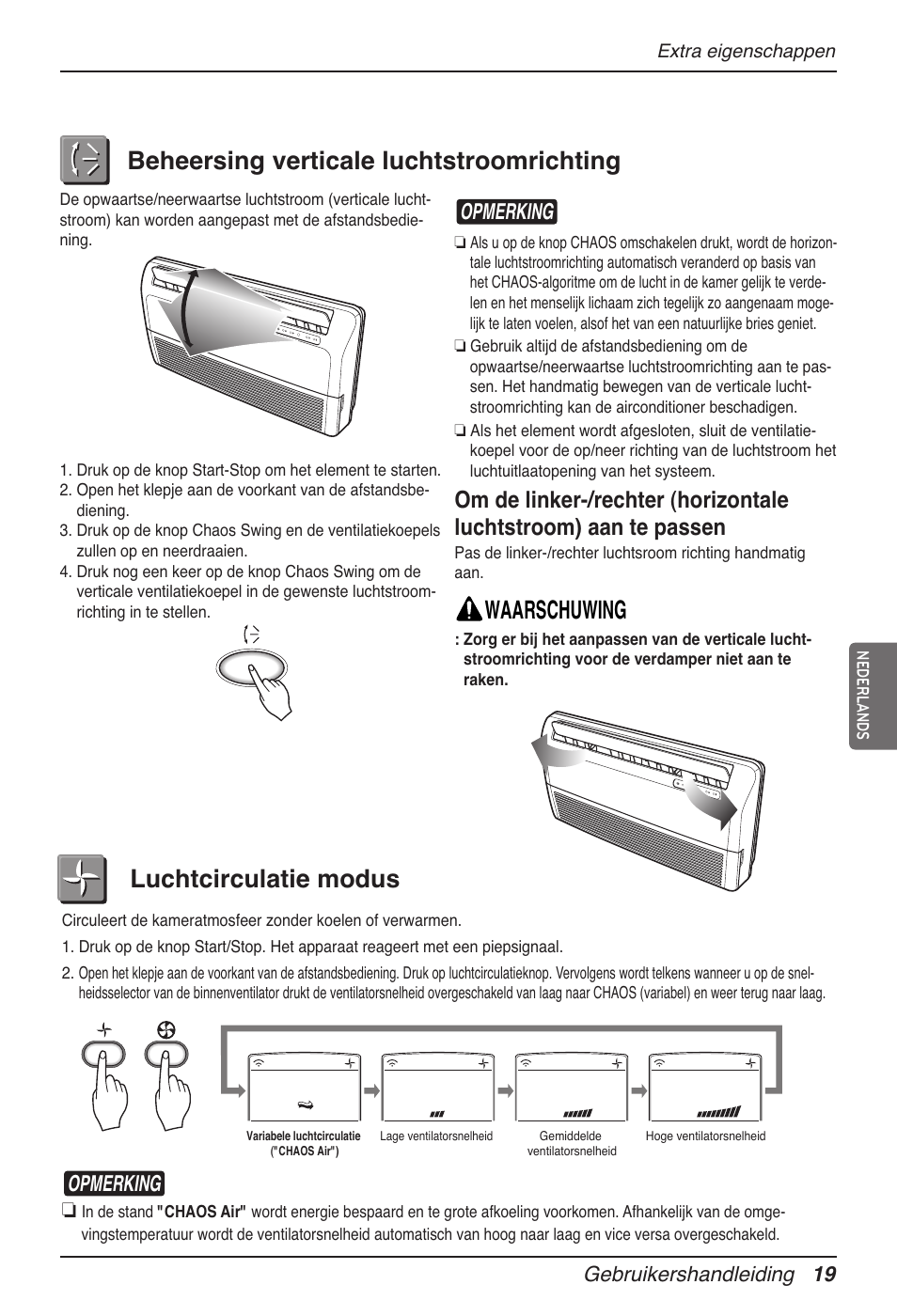 Waarschuwing, Luchtcirculatie modus, Beheersing verticale luchtstroomrichting | Opmerking, Gebruikershandleiding 19 | LG MV12AH User Manual | Page 143 / 413