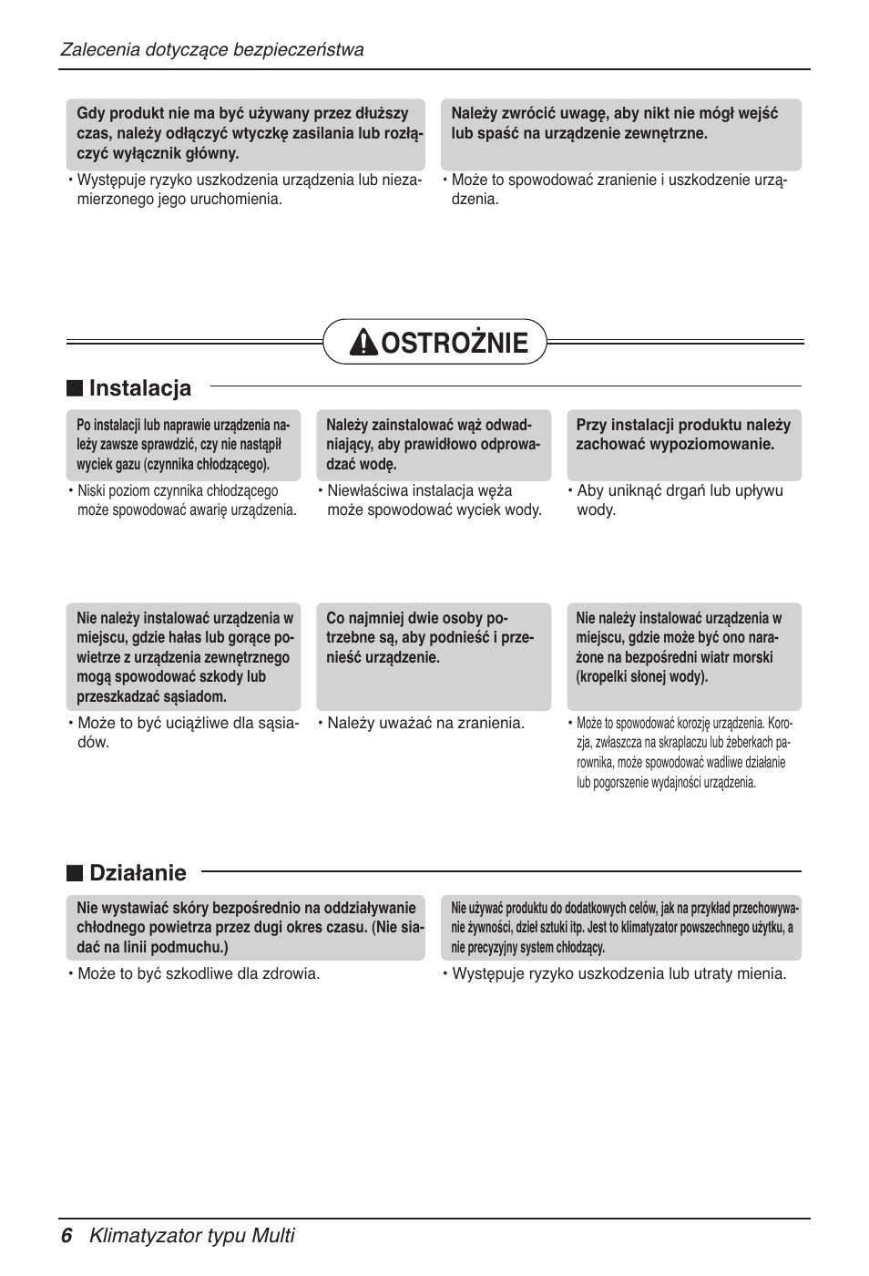 Ostrożnie, N instalacja, N działanie | 6 klimatyzator typu multi | LG MV12AH User Manual | Page 154 / 413