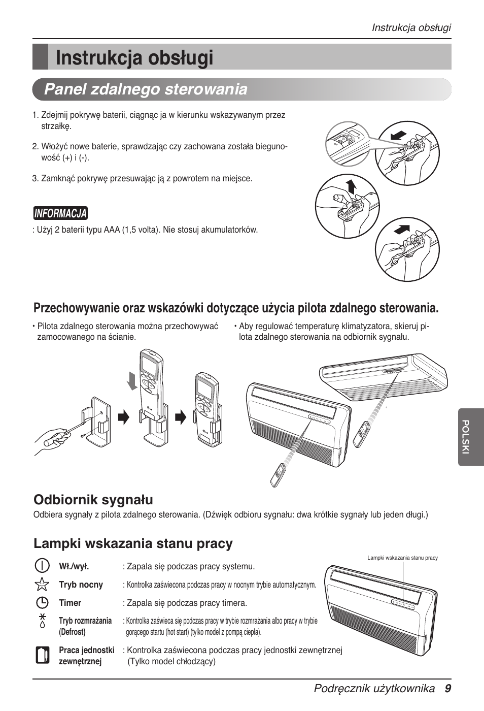 Instrukcja obsługi, Panel zdalnego sterowania, Lampki wskazania stanu pracy | Informacja | LG MV12AH User Manual | Page 157 / 413