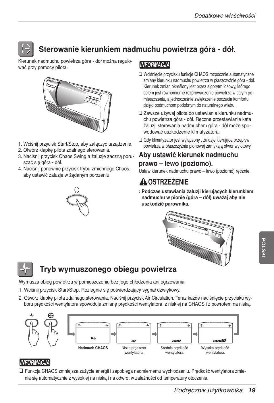 Ostrzeżenie, Tryb wymuszonego obiegu powietrza, Informacja | Podręcznik użytkownika 19 | LG MV12AH User Manual | Page 167 / 413