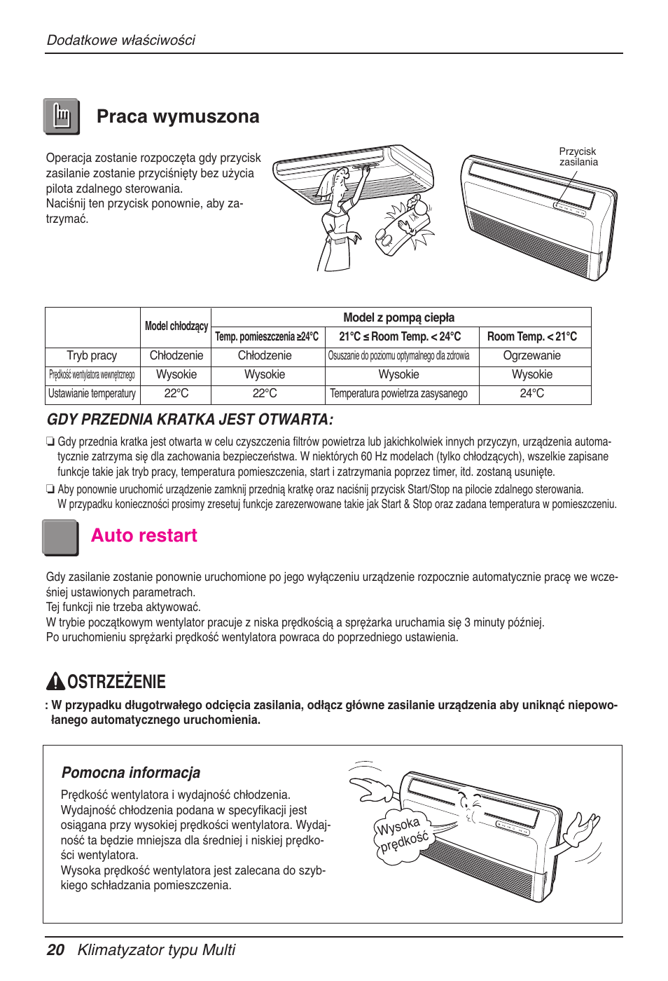 Praca wymuszona auto restart, Ostrzeżenie, 20 klimatyzator typu multi | Gdy przednia kratka jest otwarta, Pomocna informacja | LG MV12AH User Manual | Page 168 / 413
