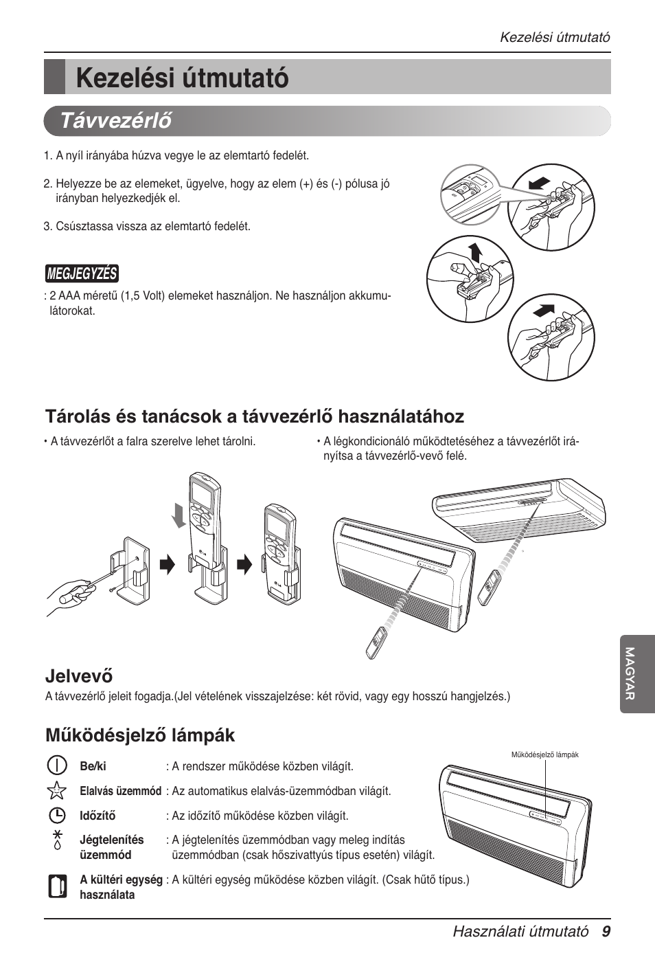 Kezelési útmutató, Távvezérlő, Működésjelző lámpák | Megjegyzés | LG MV12AH User Manual | Page 181 / 413