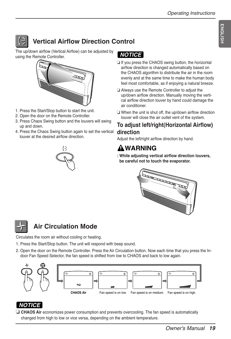 Vertical airflow direction control, Warning, Air circulation mode | Notice, Owner's manual 19 | LG MV12AH User Manual | Page 19 / 413